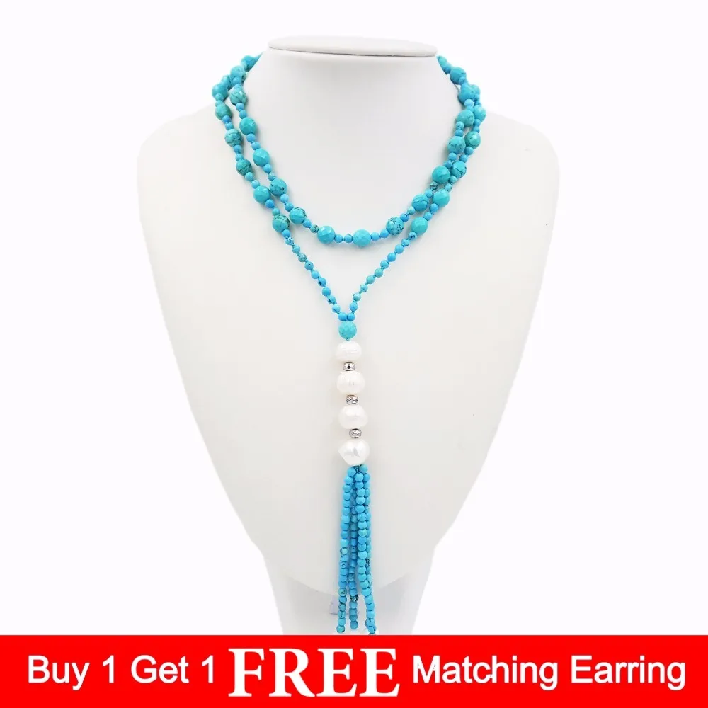 

LiiJi Unique Natural Stone Blue Turquoises&Freshwater Baroque Pearl Long Tassels Sweather Necklace 33''/84cm