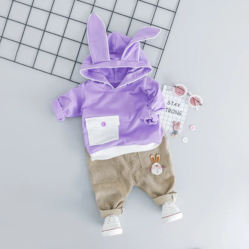 Модный комплект для маленьких девочек, 2 предмета, футболка с кроликом для девочек+ штаны, милый детский комплект, детская одежда