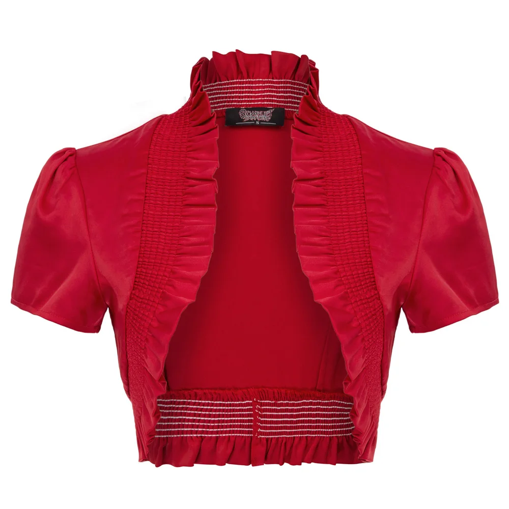 

SL Women's Shrug Coat Vintage Retro Cap Sleeve Stand Collar Ruffled Satin Bolero Solid Black Red High Quality Shrug Fashion Tops