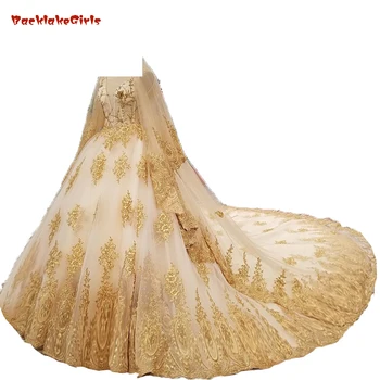 

Luxurious Champagne Gold Muslim Embroidery V Neck Royal Tail Full Beading Crystals Top Wedding Dress With Long Veil High Quality