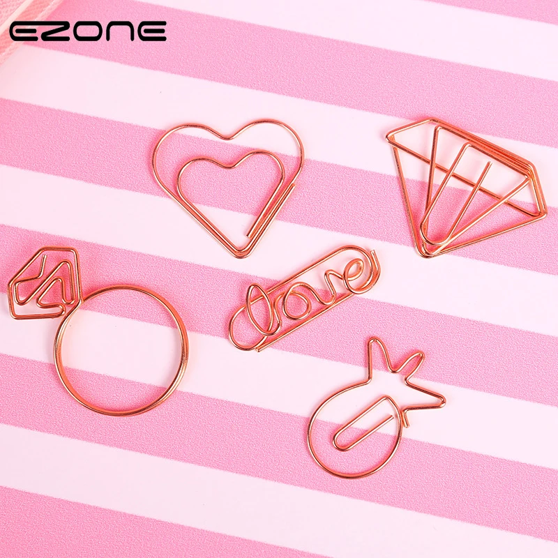 

EZONE 2PCS Bookmark Diamond Ring/Love Heart/Pineapple Shape Bookmarks Paper Clip Cute Metal Bookmark Creative Student Stationery
