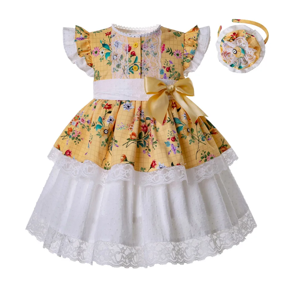 

Pettigirl Yellow Girl Flower Printed Dress Heart-shaped Hollow Boutique Baby Girl Clothes With Bows & Headwear G-DMGD201-B493