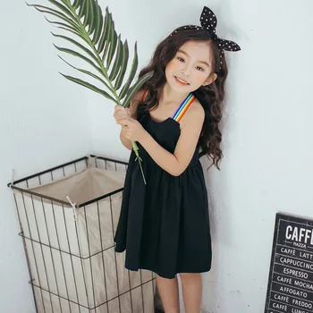 

2019 new listing children's clothing girls rainbow with simple black cotton dress cute casual children's clothing summer