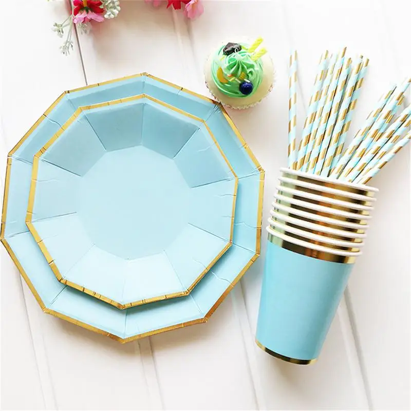 

Gold Blocking Pure Color Sky Blue Disposable Tableware Plates Cups For Party Dinner