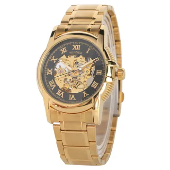 

Business Men's Watch Self- Winding Mechanical Watches Gold Stainless Steel Bangle Wristband Classic Roman Numerals Man Clock