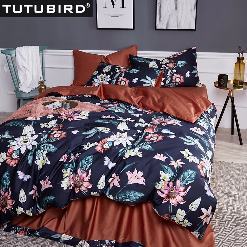 

Royal Blue Satin bedding set European bedclothes 100% Egyptian cotton pastoral butterfly print bed sheet linen duvet cover 4pcs