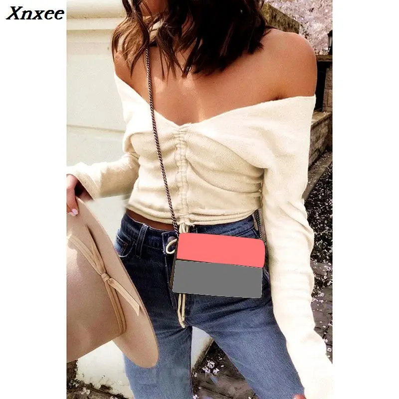 Sweater Women Sexy Off Shoulder V-Neck Solid Drawstring Women Sweaters Knitted Jumper Tops Long Sleeve Pullover Sweater Xnxee