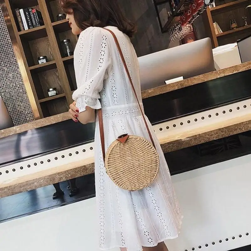 

Casual Round Button Shoulder Messenger Handbags Women Durable Vintage Woven Summer Beach Crossbody Bags Purely Handmade Bags new