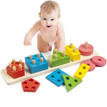 

Montessori DIY Building Blocks Toy Smart Wooden Geometric Shape Stacking Toy Kids Educational Play Toy