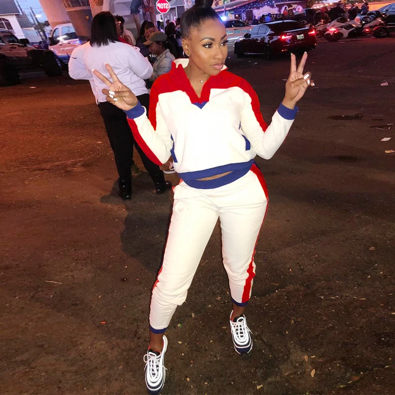 

Women TWO PIECE SET Top Pullover Tracksuit CONTRAST Color Block Jogger Pants Leisure Sweat Suit Female Sweatpants Sportwear 2pcs