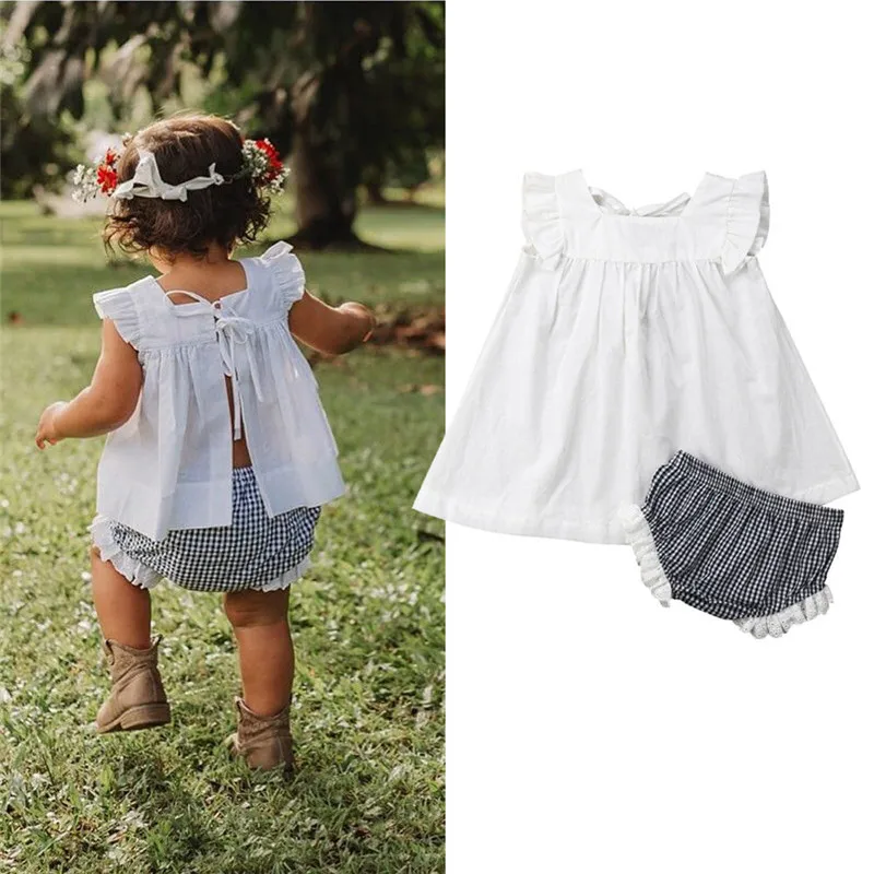 

Newborn Baby Girls Princess Outfits Summer Cotton Clothes Ruffles Fly Sleeve T-Shirt Plaid Elastic Waist Shorts 2Pcs Sets 0-24M
