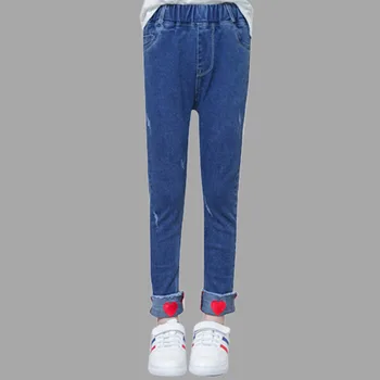 

Spring Autumn Denim Girls Pants Solid Straight Jeans For Girls Heart Patter Kids Pants Winter Clothing For Girls 6 8 12 Years