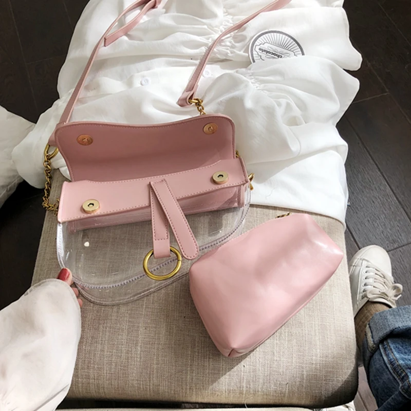2 مجموعات النساء حقائب جلدية حقيبة شفافة الأزياء Crossbody أكياس لسيدة الحلوى اللون اليد مجمع الكتف حقيبة ساعي