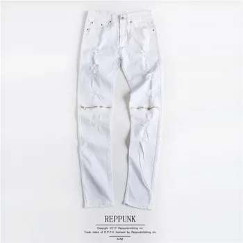 

White Hole Solid Jeans Pants Men Pockets Casual Fashion Denim Trousers Zipper Street Wear Plus Size