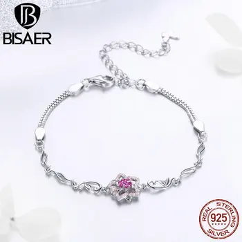 

BISAER 925 Sterling Silver Cherry Flower Chain Link Bracelets Pulseira Blooming Peach CZ Female Bracelet Silver Jewelry EFB005