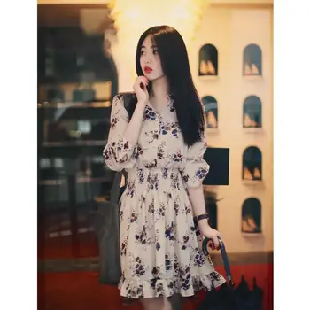 

MISSKY Women Summer Dress Fashion Tight Wasit All Match Floral Printing Long Sleeve V Neck Chiffon Mini Dress Femaale Clothes