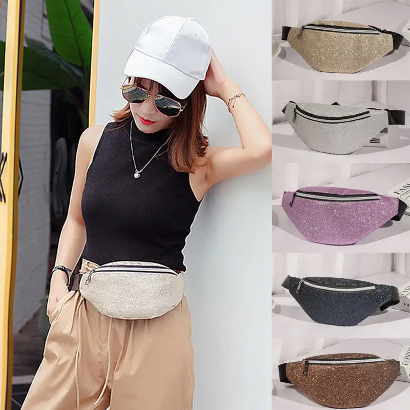

Fashion New Style Women Waist Bag Fanny Pack Phone Key Cards Belt Clutch Purse Wallet Bags Sequined Zipper Chest Pouch Hip Bag