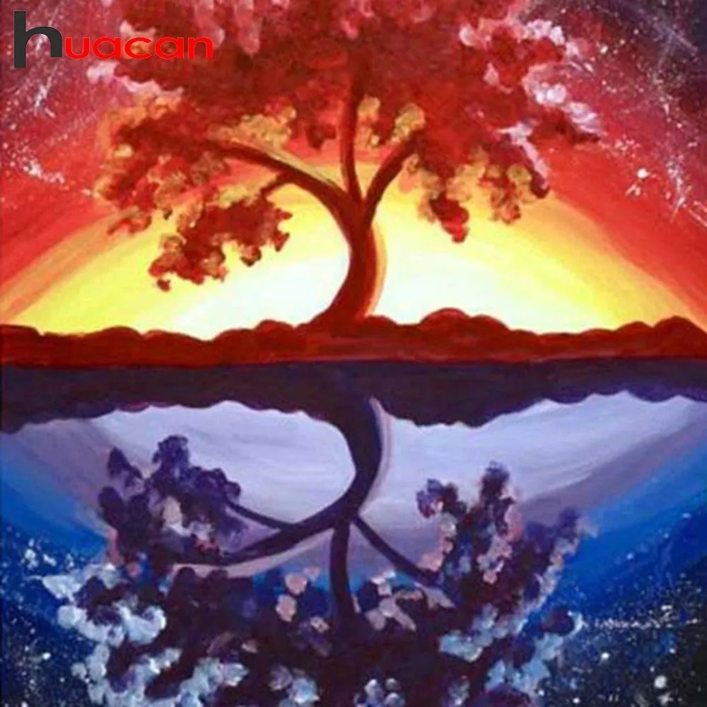 

Huacan Diamond Painting Full Drill Landscape Diamond Embroidery Tree Reflection Rhinestones Diamond Mosaic Cross Stitch Beadwork