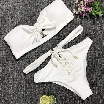 

White Bandage Women Bikini Set Bowknot Swimwear Swimsuit Push-up Bathing Suit Strapless High Waist Lace Up Bikini women