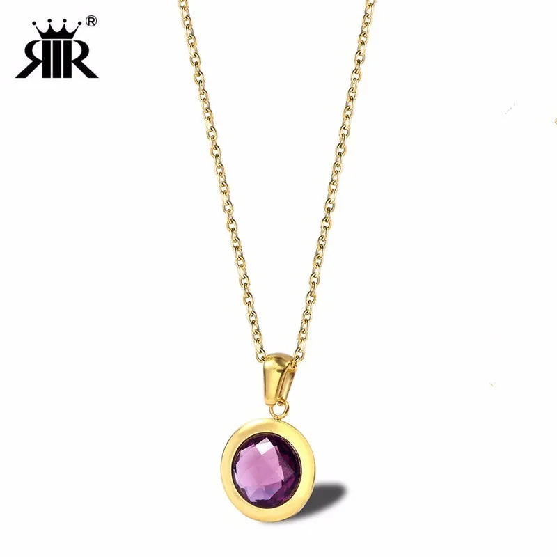 

RIR Stainless Steel Gold Round Purple Crystal Pendant Necklace Simple Ladies Necklaces Bridesmaid Best Jewellery Gift