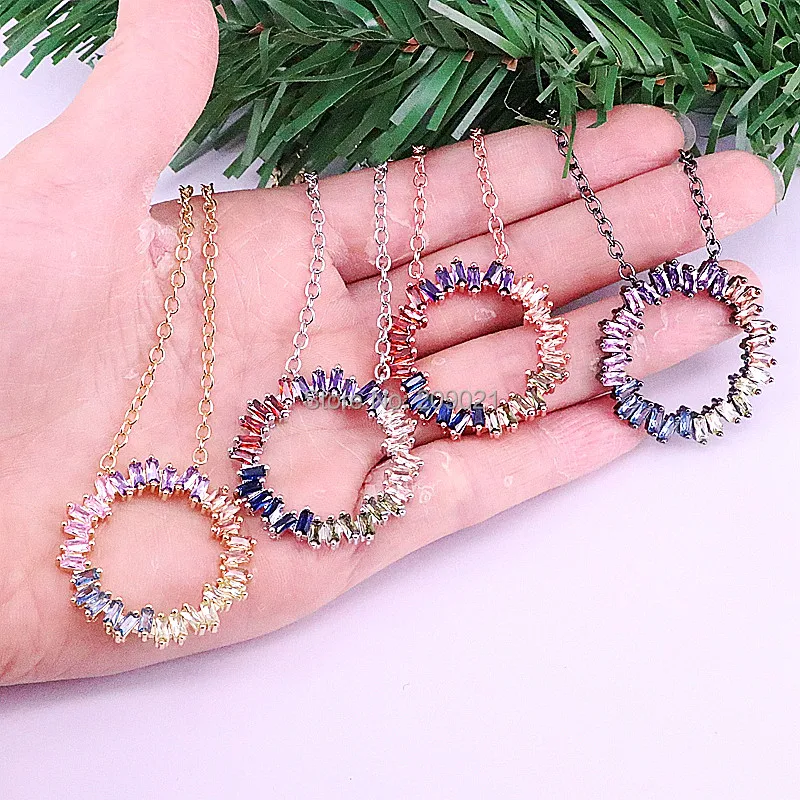 

5Pcs Rainbow CZ Micro Pave Mixed Color circle Shape Charm Pendant Necklace, Cubic Zirconia Necklaces