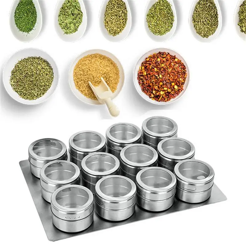 

New 9 pcs / 12 pcs Seasoning Boxes Magnetic Dustproof Visible Stainless Steel Spice Can Seasoning Pot Outdoor Barbecue Cruet