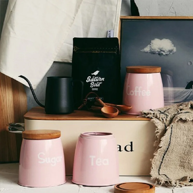 

3pcs/set Storage Tank Quality Beautiful Steel Househould Kitchen Utensils Multifunction Tea Coffee Sugar Square Box Case Pink