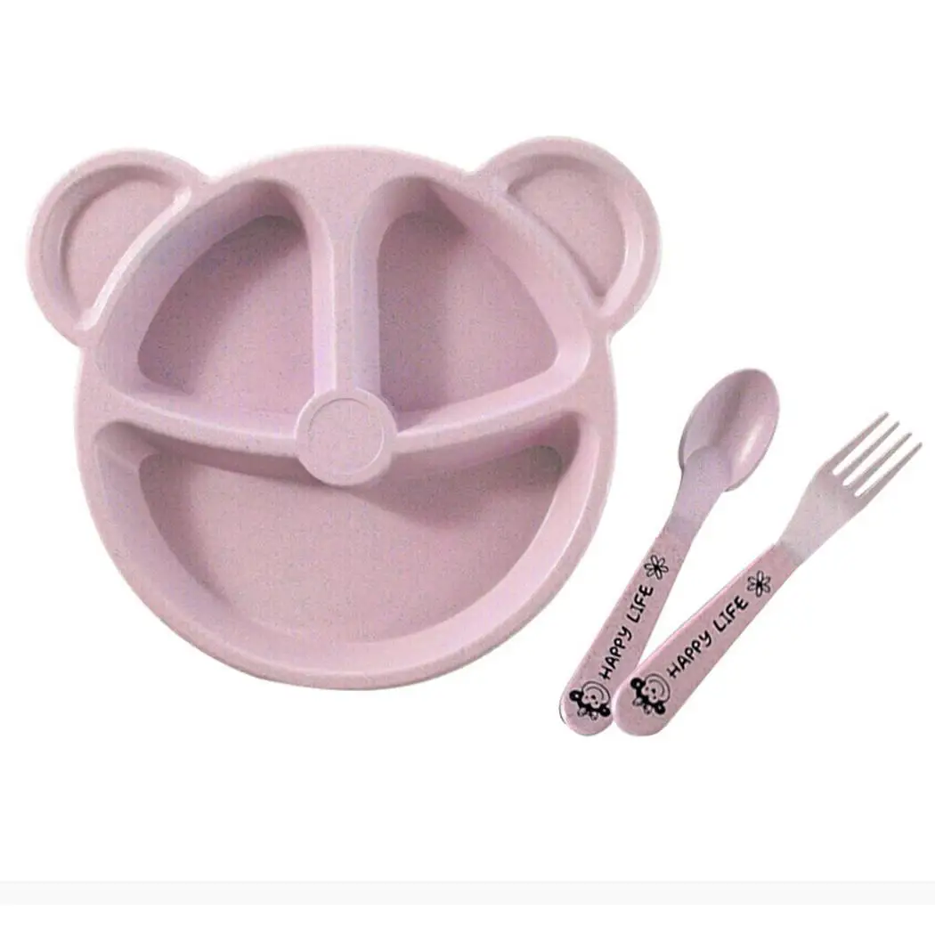 Pink Cute Blue Toddler Tableware Wheat Modern Children Casual Cartoon Set Divided Plates Kids Unisex Straw Beige