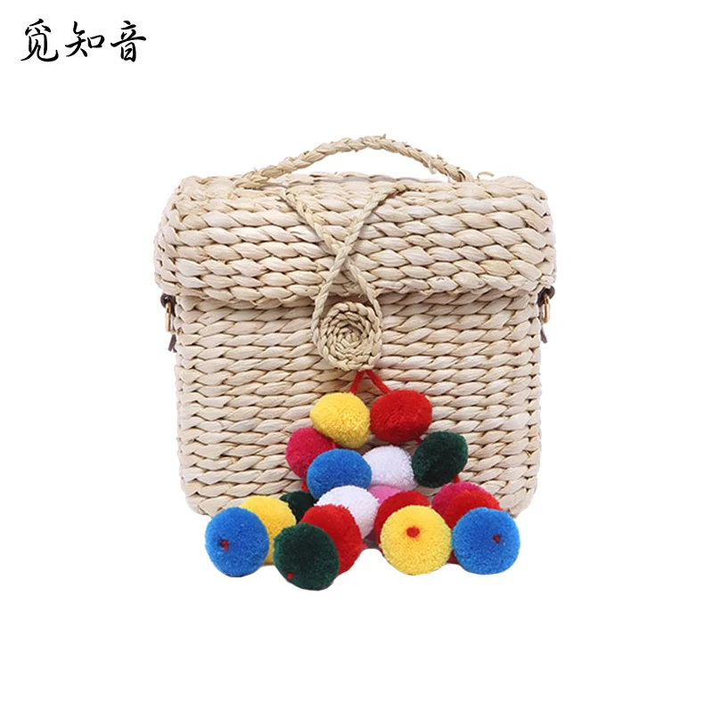 

Women Bohemian Handbag Summer Beach Pompom Female Straw Bags Handmade Lady Casual Shoulder Bag Travel Weave Basket Tote Ss3106