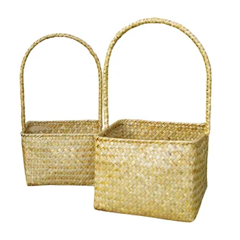

2 Pcs Multifunction Handmade Grass Braided Basket Flower Pot Desktop Storage Box Woven Laundry Basket(White)