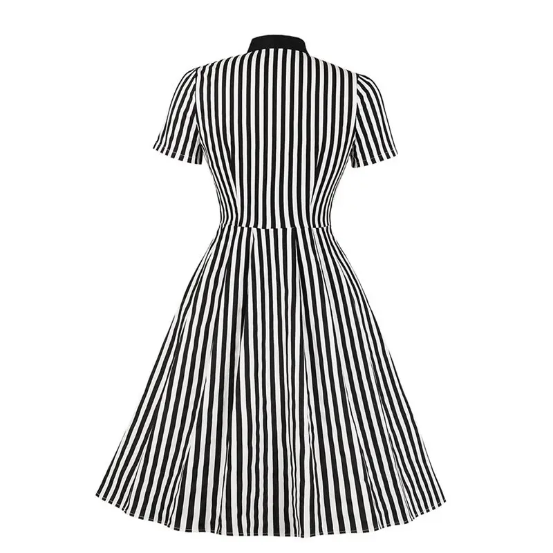 Ceny 2019 Vintage Stripe Midi sukienka kobiety lato muszka kołnierz z krótkim rękawem eleganckie biuro Casual stylowe Goth sukienki rockabilly