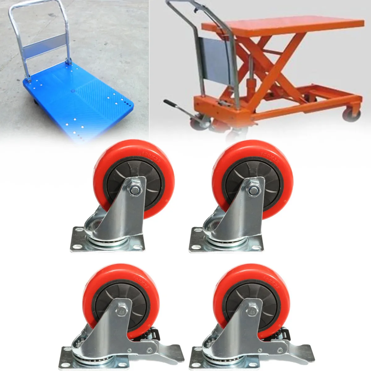 

4Pcs/Set Heavy Duty 100mm Rubber S wivel Castor Wheel Trolley Caster Brake 2 with S wivel Wheels Brake + 2 Without Brake