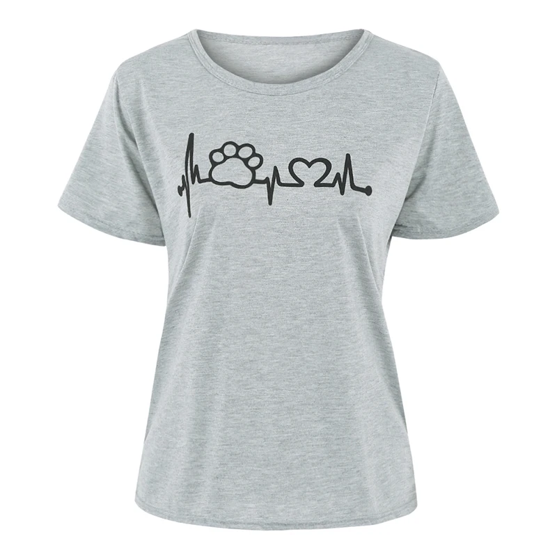 

Summer Women T-Shirt Harajuku Love Heartbeat Lifeline Dog Foot Print T Shirt Women Casual O-Neck Short Sleeve Tops Streetwear