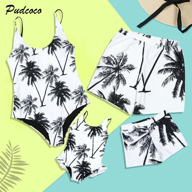 

2019 Brand Family Matching Swimwear Parents Kids Coconut Tree Bathing Suit Girls Women Monokini Men Boys Trunks Swimming Beach