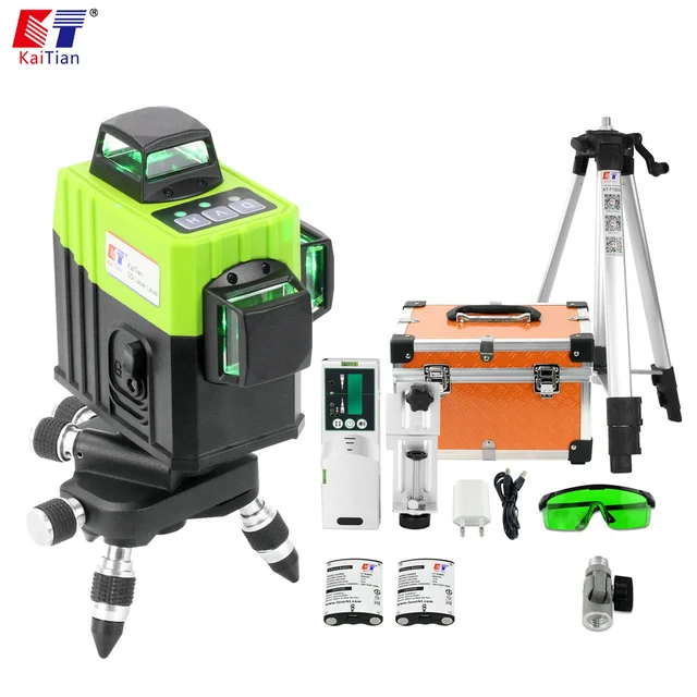 KaiTian 12Lines 3D Laser Level Tripod Self Leveling Cross Horizontal 360 Vertical Green Lasers