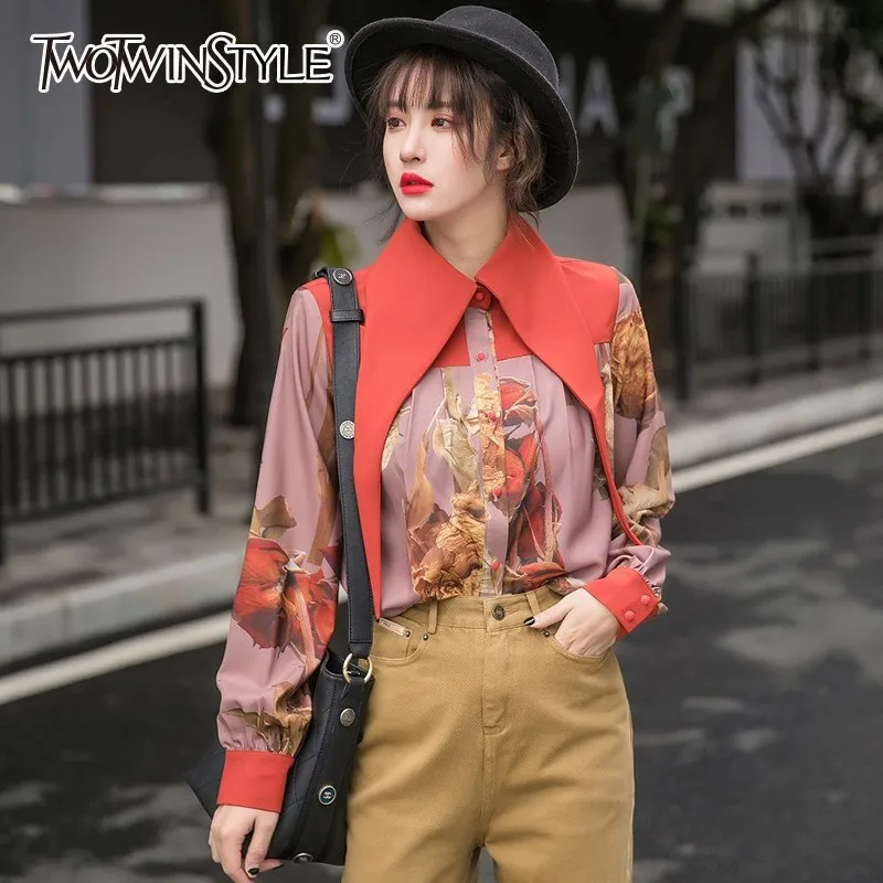 

TWOTWINSTYLE Womens Shirts Blouse Lapel Collar Long Sleeve Patchwork Print Tops Female Spring 2019 Vintage Fashion Korean Tide