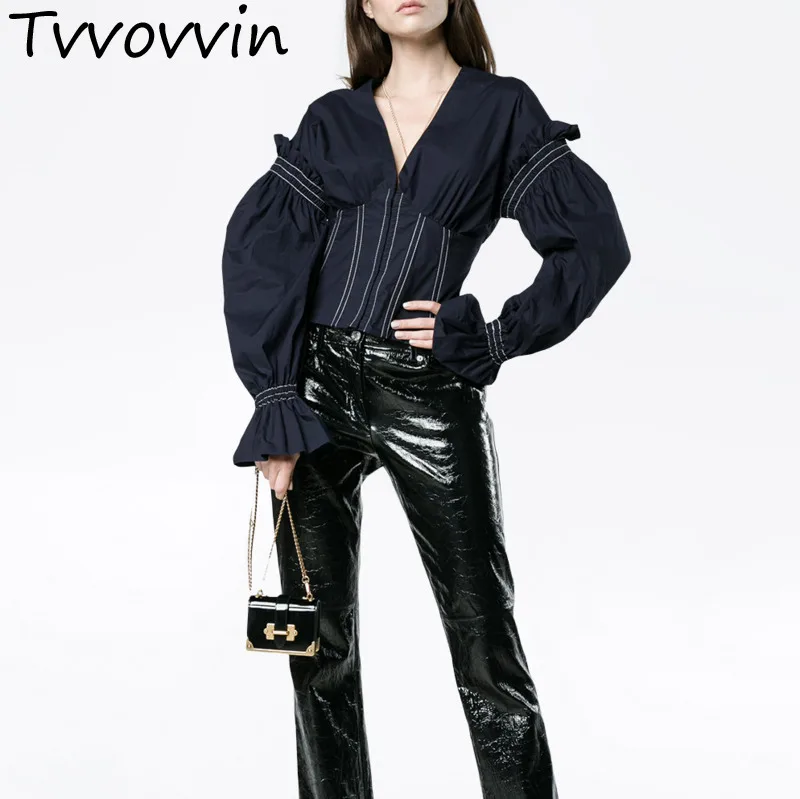 

2019 New Spring Fashion Women V-neck Lantern Sleeves Ruffles High Waist Pullover Shirt Female Sexy Blouse Tops E230