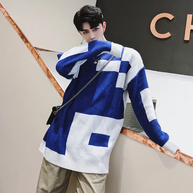 

Casual New Men's Fashion Winter Knit Sweater M-XL Temperament Loose Simple Plaid Color Matching Personality Youth Long Sleeves
