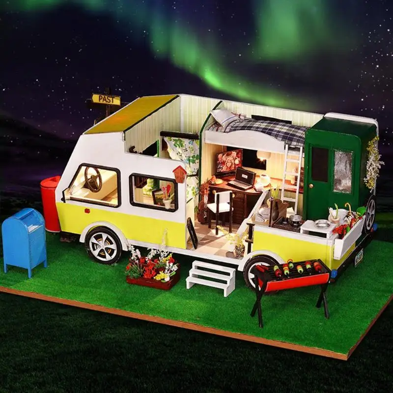 

DIY Wooden House Toys 3D Creative Car Miniature Dollhouse with Furnitures Toy Dolls & Accessories for Children Birthday Gift