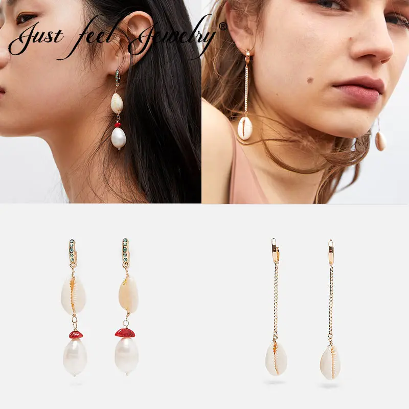 

JUST FEEL Trendy Simulated Pearl Shell Long Dangle Earrings For Women Statement Drop Earring Gold Color Fashion Wedding Jewelry