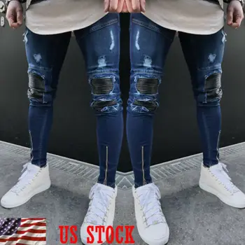 

Men Stylish Ripped Jeans Pants Biker Skinny Slim Straight Denim Trousers Zipper