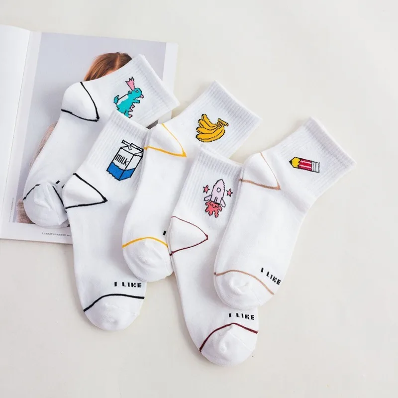 Женские носки с мультяшными буквами, 5 пар/уп., молочный динозавр, банан, ракета, карандаш, Harajuku, Хлопковые женские забавные носки с подарочной коробкой