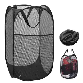 

Pop-Up Laundry Hamper Laundry Basket Bag With Side Pocket Mesh Clothes Handles Home Organize And Storage Sorter (Black)
