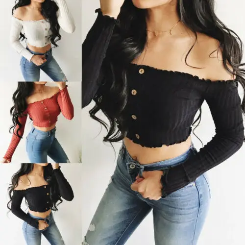 Women's Summer Off Shoulder Short Shirt Crop Tops Blouse Jumper Vest Button Tank Top Hot
