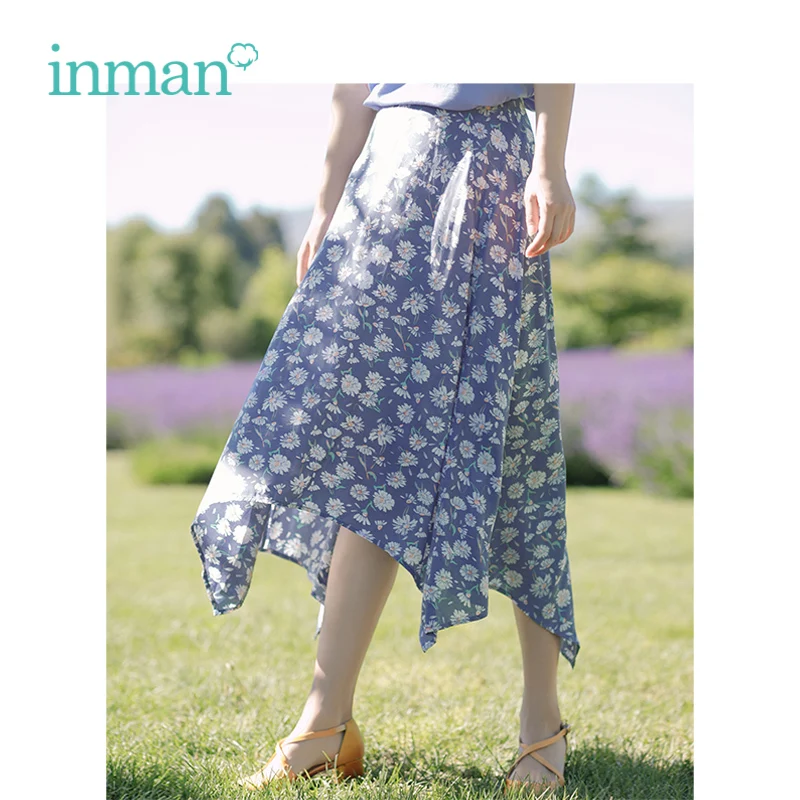 

INMAN 2019 Summer New Arrival Viscose A-line Irregular Print Literary Young Girl Women Skirt