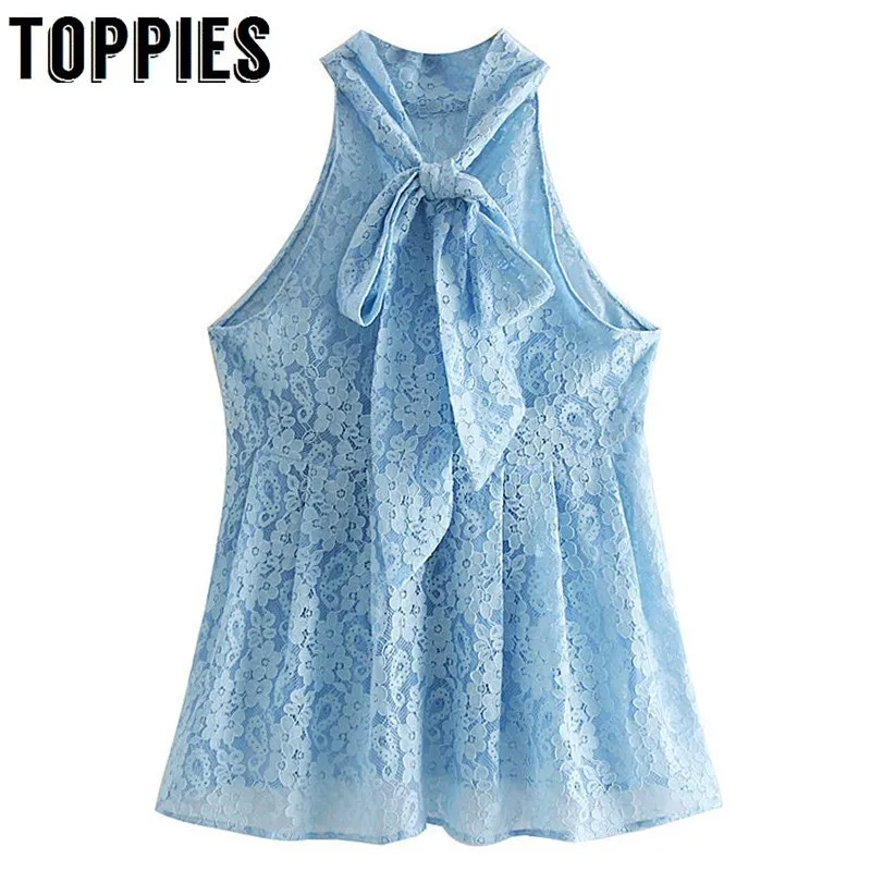 

Flower Appliques Sexy Blue Lace Tops Lace-up Bow Summer Sleeveless T-Shirts Lady Tops 2019 chemisier femme
