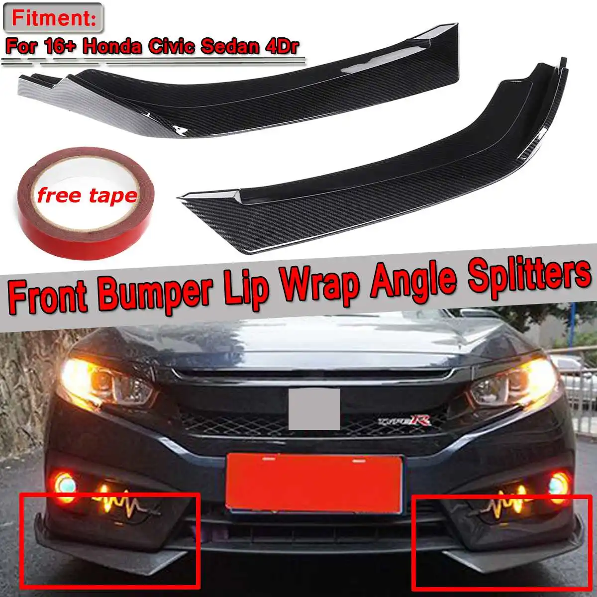 

2pcs Car Universal Front Bumper Lip Splitter Wrap Angle Splitters Spolier For Honda For Civic Sedan 4Dr 2016-2018 Anti-Scratch