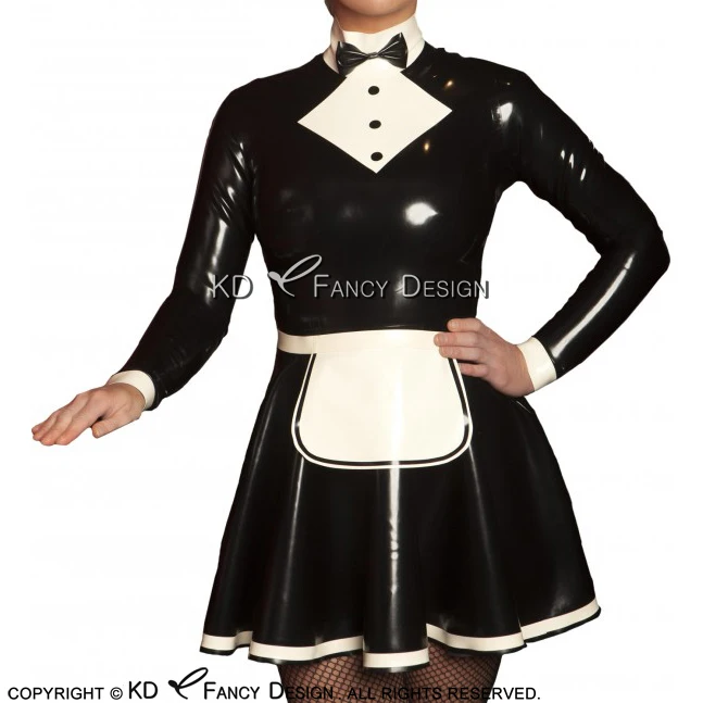 

Black With White Sexy French Maid Latex Dress With Apron Zipper At Back Bows Decoration Rubber Uniform Bodycon Playsuit LYQ-0170