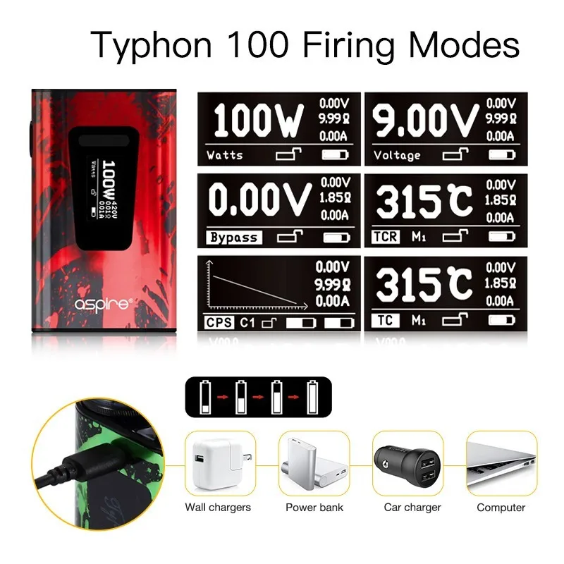 Günstige Elektronische Zigarette Vape Mod Aspire Typhon 100W Box MOD Mit 5000mah Interne Batterie Mod Fit Revvo Tank E zigarette