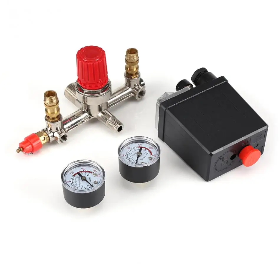 

Pressure Switch Valve 2 phase 1 port Heavy Duty Valve Gauges Regulator 90-120 PSI with Double Gauges